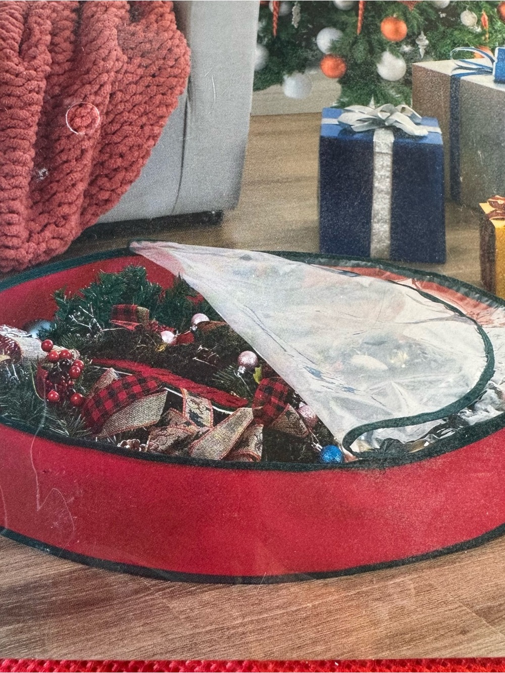 Red Holiday Wreath Storage Bin with Clear Zip Lid - 36 inch